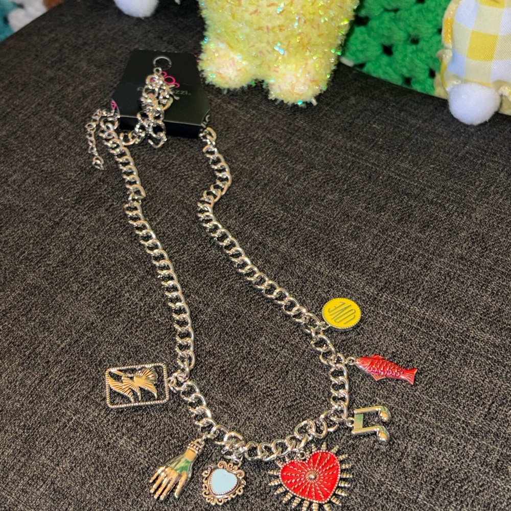 Silver Charm Necklace with Red and Silver Accents